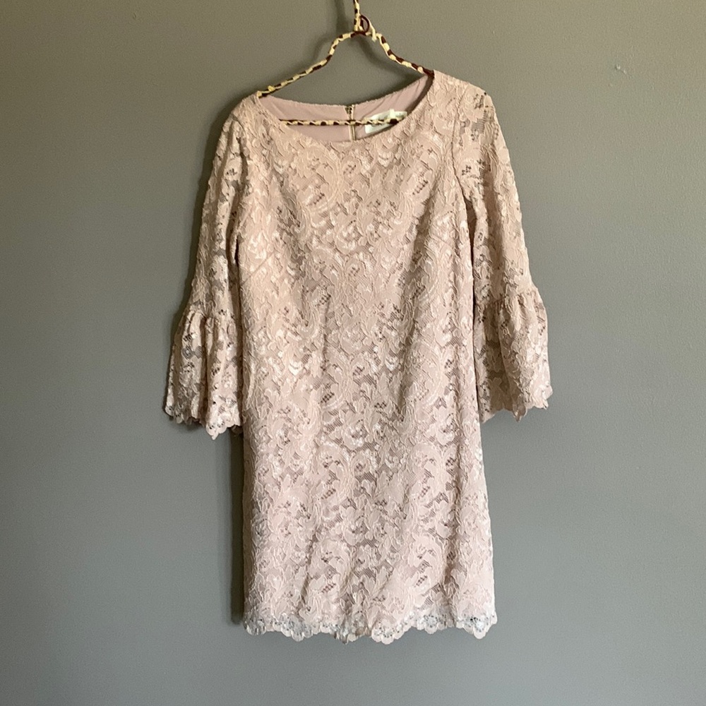 Eliza J blush pink lace dress with bell sleeves
